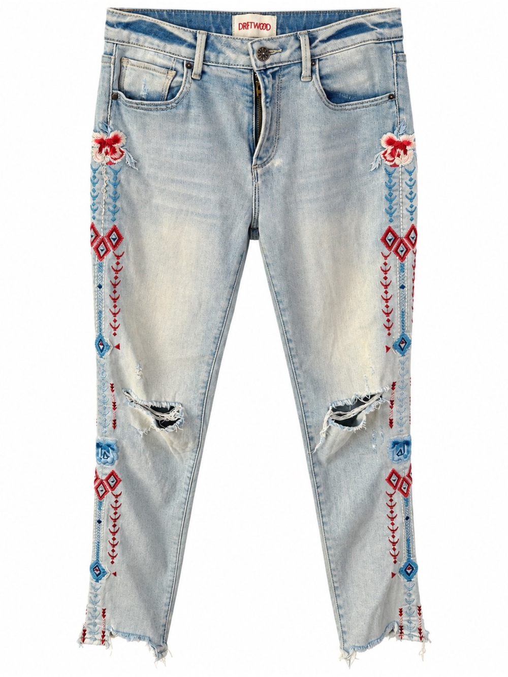 Driftwood Jackie High Rise Embroidered Distressed Jeans Size 26 Light Blue